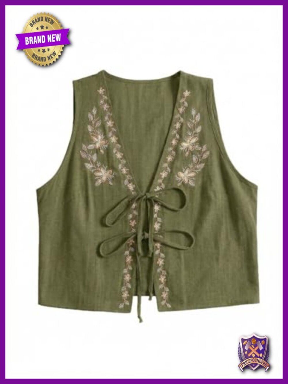Boho Floral Embroidered Tank Top Tie Front Sleeveless V-Neck Summer